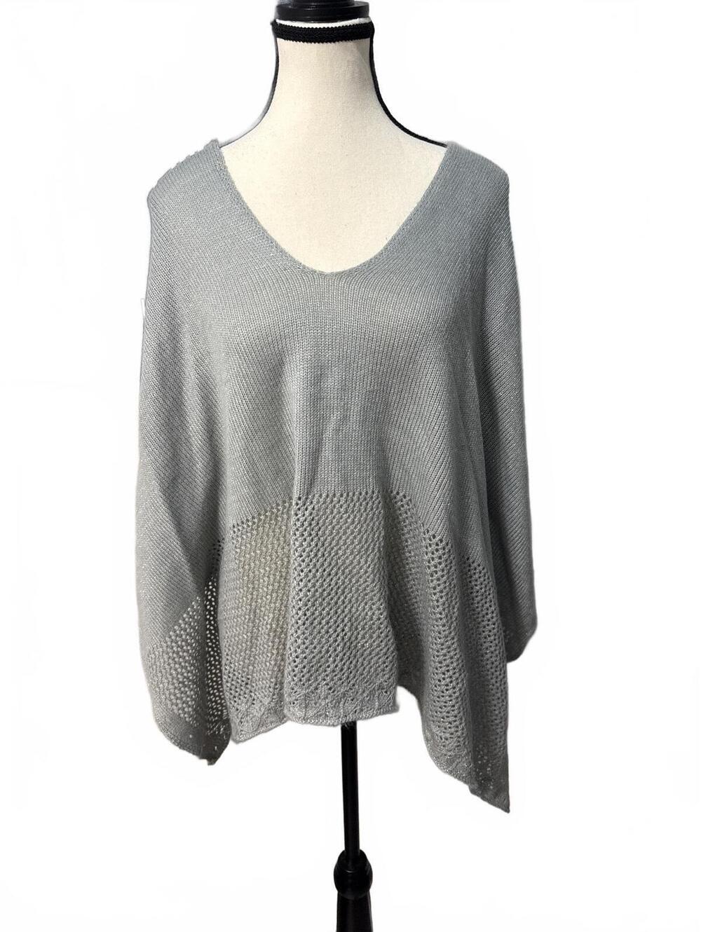 Light Gray Y2K Sparkly Knit Poncho Sweater with Textured Hem